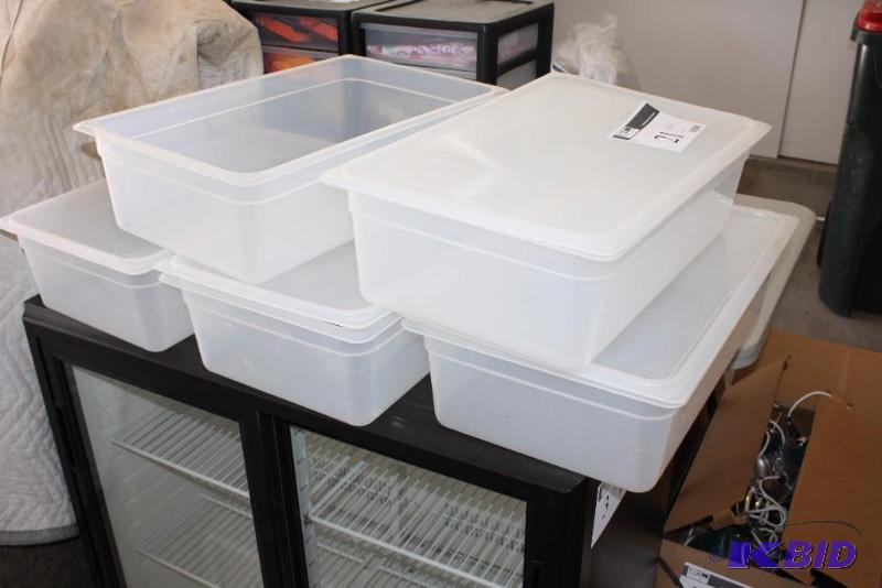 lot 21 image: Lot of (5) Plastic Bins wLids Clear 21 x 12 x 6.