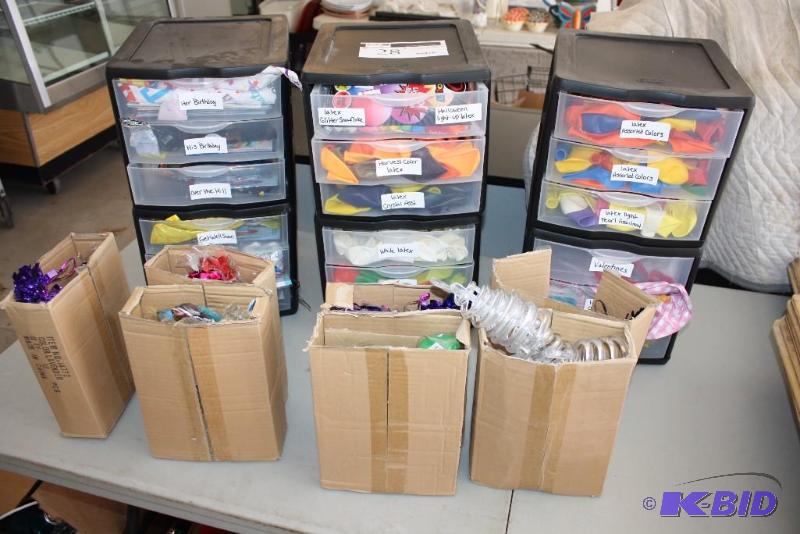 lot 28 image: Lot of (13) Including Plastic Containers wMiscellaneous Balloons For Different Occasions Weights