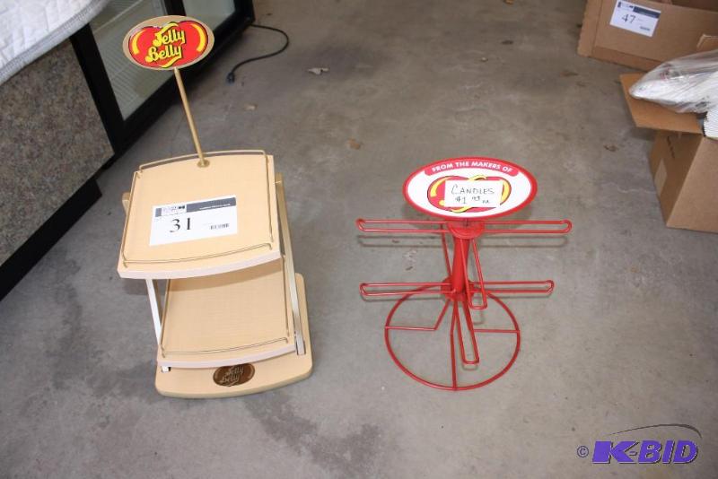 lot 31 image: Lot of (2) Jelly-Belly Display Stands Metal Display wMultiple Racks Double Shelf Display Folding.