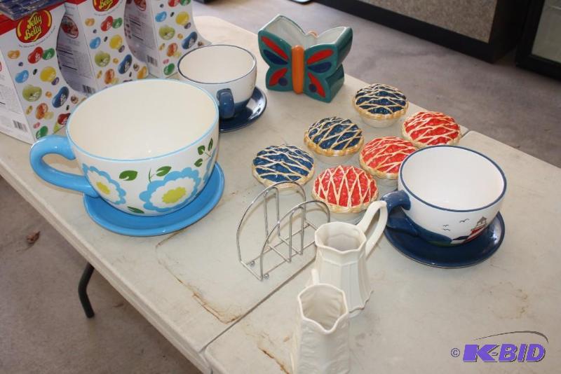 lot 44 image: Lot (13)Including Decorative Pastries For Display Coffee Mugs wSaucers Napkin Holders And More.