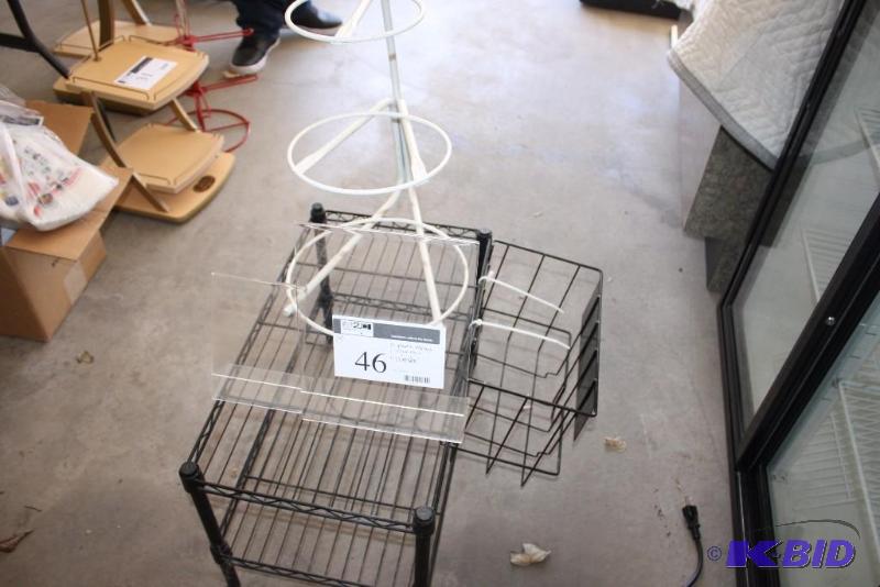 lot 46 image: Lot of (4) Including Plastic Sign Displays Circle Rack Metal Rack wBasket, 23 x 13 x 14.