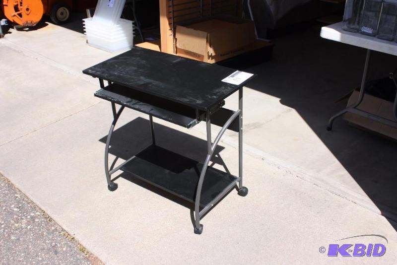 lot 51 image: Desk wKeyboard Table & Wheels BlackSilver 30 x 16 x 28.