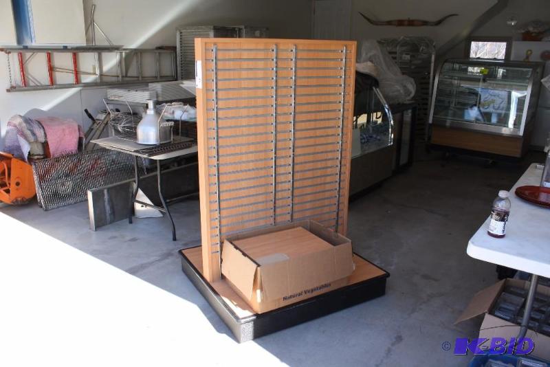 lot 9 image: Wood-Style Display Shelf wMetal Shelving Brackets & Extra Shelving Pieces In Box 39 x 38 x 60.