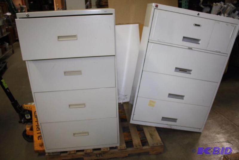 Lot of (2) Office Filing Cabinets 30 x 19 x 53, 19 x 36 x 53 4 Drawers wHandles White.