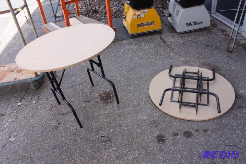 Lot of (2) Circular Folding Table wWood Style Top 36 Diameter, 30 Height.