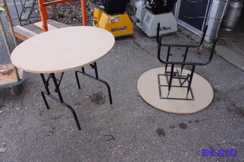Lot of (2) Circular Folding Table wWood Style Top 36 Diameter, 30 Height.