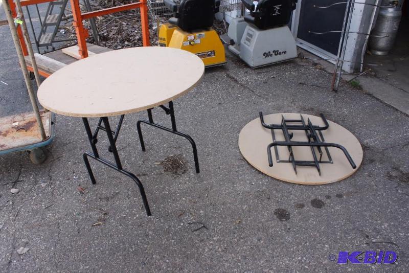 Lot of (2) Circular Folding Table wWood Style Top 36 Diameter, 30 Height.