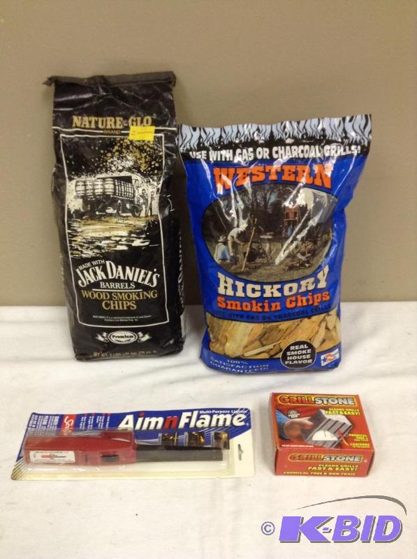 lot 26 image: Lot of Grill Smoking Chips, Grill Stone & Lighter