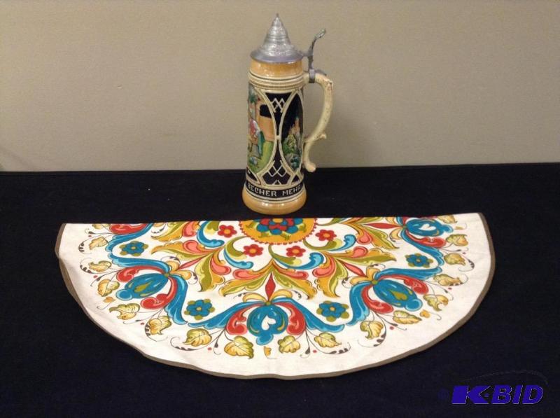 lot 42 image: German Beer Stein & Tablecloth