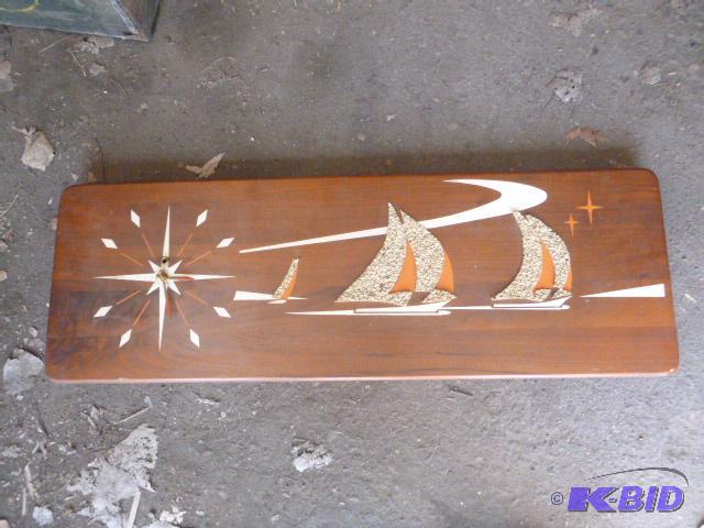 lot 193 image: Wood Clock with Sail Boats Missing wind up ke...