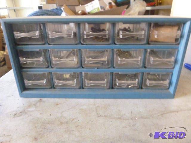 lot 25 image: Plastic Storage Bin With miscellaneous conten...