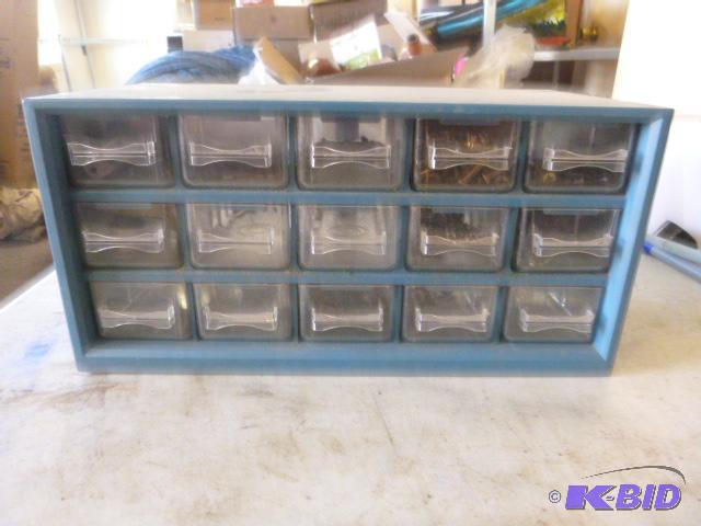lot 26 image: Plastic Storage Bin With miscellaneous conten...