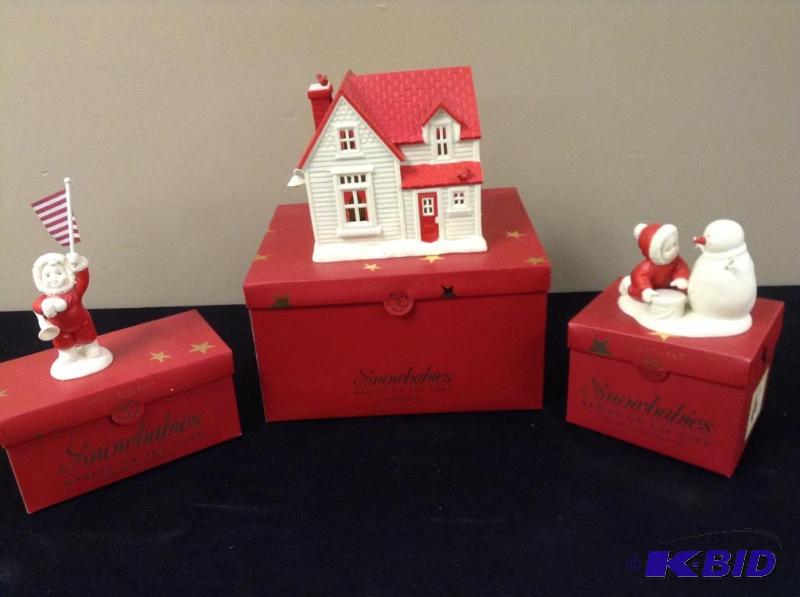 lot 34 image: 3 Snowbabies - Farmhouse, God Bless America & You Should Wear A Hat