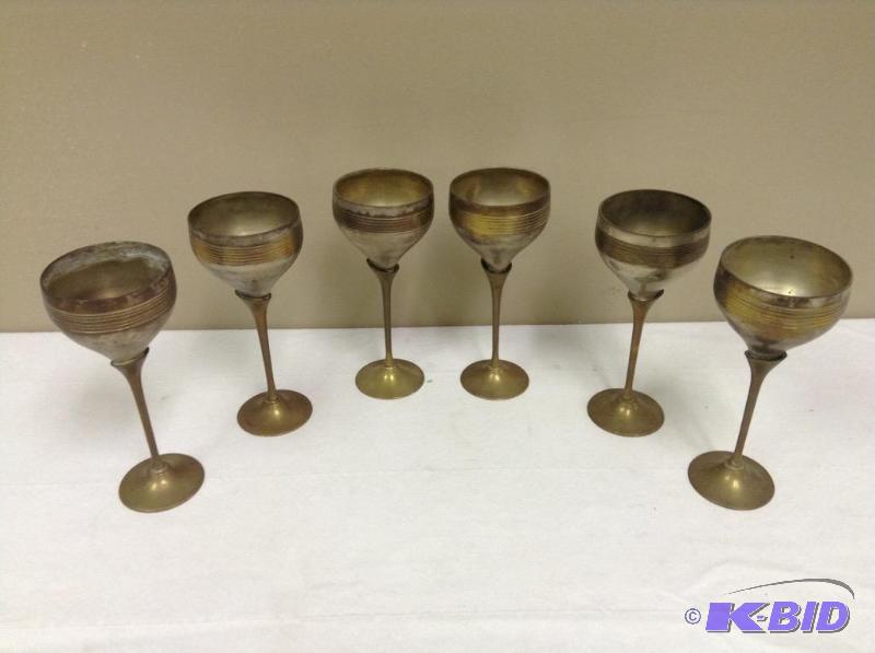 lot 97 image: 6 Brass Wine Goblet Glasses