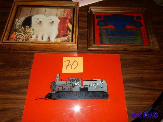 lot 70 image: 1 Samoyed Clock Picture, Budweiser picture, Soo Line Reverse Paining on Glass