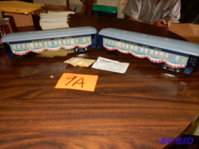 lot 9A image: 2 Baltimore and Ohio Train Cars.. LIONEL  With Flag Assemly.. Vote for IKE