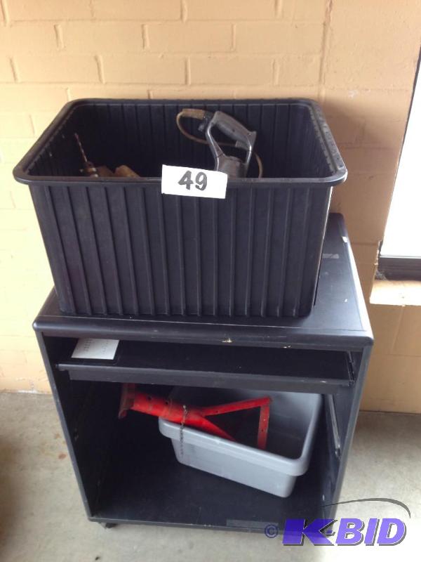 Wooden cart  rack with bin and misc. content...