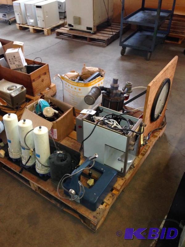 Pallet lot of misc. including motor, filters,...