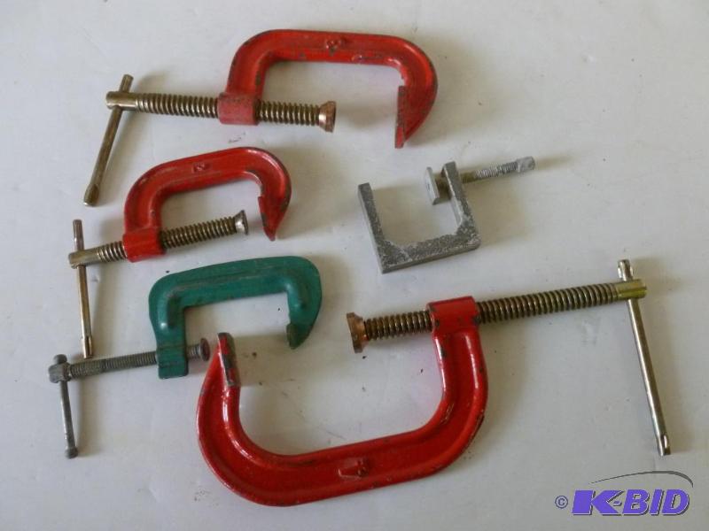 lot 163 image: Lot of five mixed sized c-clamps, good usable...