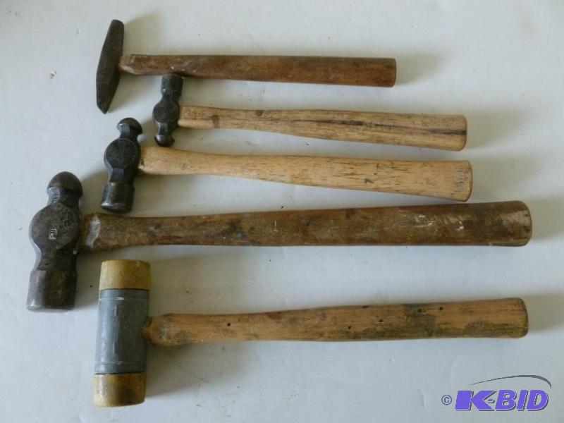 lot 168 image: Lot of five wood handled hammers that include...