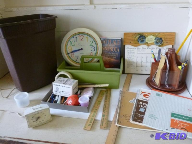 lot 182 image: Lot of office items, Ingraham wall clock, vin...