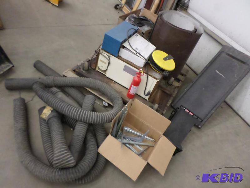 lot 123 image: Pallet Of Misc Hosing, Creeper, Shelf Bracket...