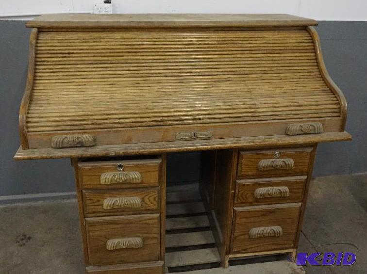 Wood Antique Roll Top Desk File Cabinet In Go...