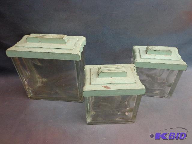 lot 100 image: Glass Block Canisters with Lids   1- 8 x 4  2...