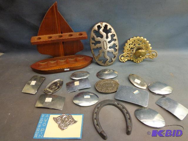 lot 103 image: Box of Assorted Belt Buckles, Wooden Pipe Sta...