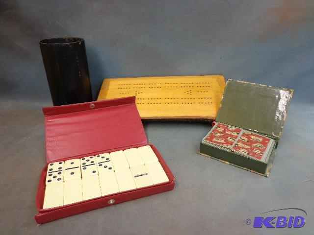 lot 144 image: Log Cribbage Board, Dominos and Playing Cards...