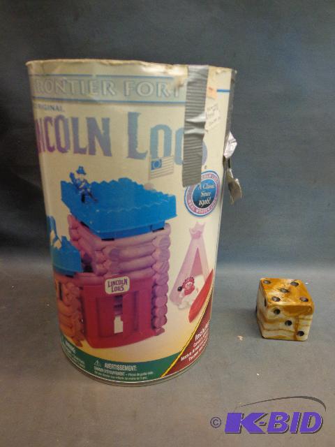 lot 66 image: Box of Lincoln Logs and Oversized Dice   inco...