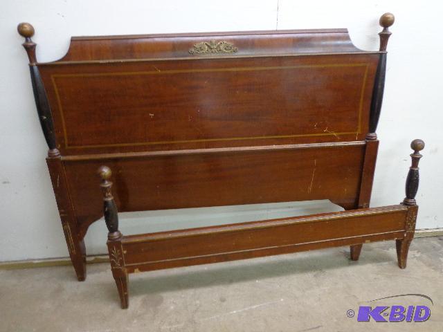 lot 7 image: Cherry Wood and Brass Headboard and Footboard...