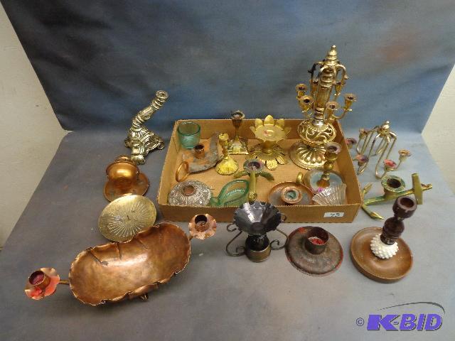 lot 73 image: Assortment of Brass and Copper Candle Holders...