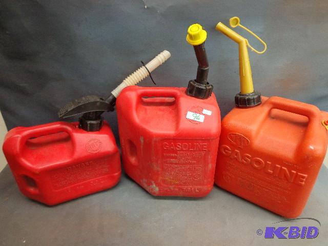 lot 96 image: Plastic Gas Cans (3)   2 gallon has spout and...