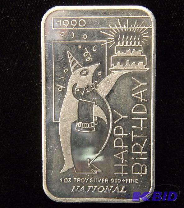 1 TROY Oz. 999 FINE SILVER BAR 1990 HAPPY BIRTHDAY