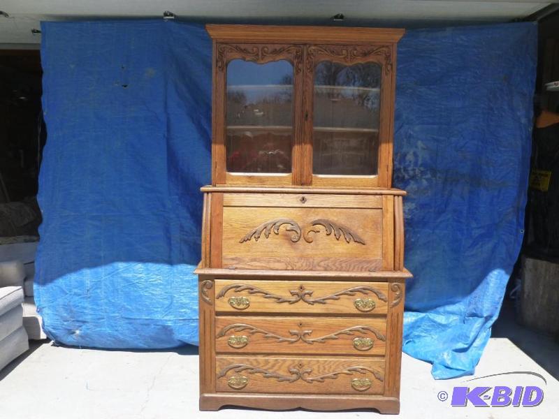 lot 1 image: Beautiful Antique 3 - Piece Drop Front Oak Hu...