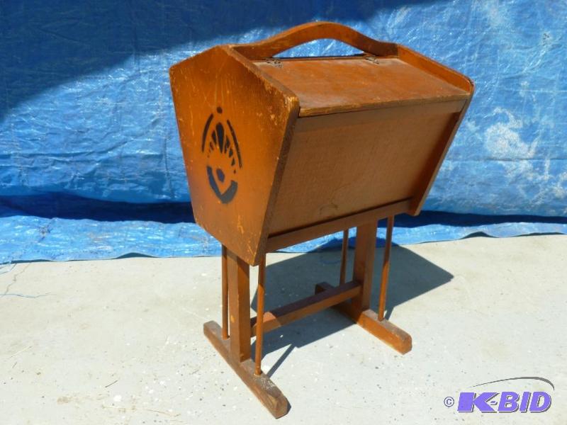 lot 14 image: Vintage wooden double flip lid sewing stand t...