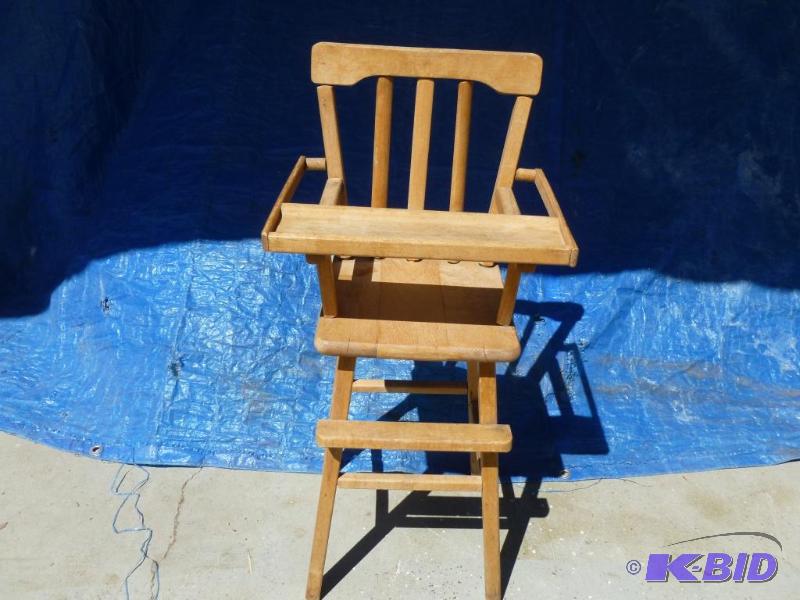 lot 15 image: Vintage wooden doll high chair, measures abou...