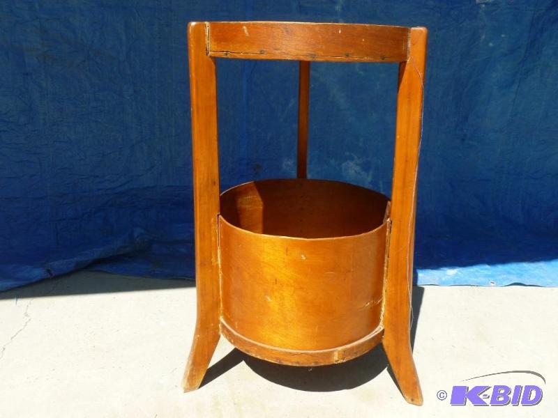 lot 18 image: Vintage wooden cheese box end table that meas...