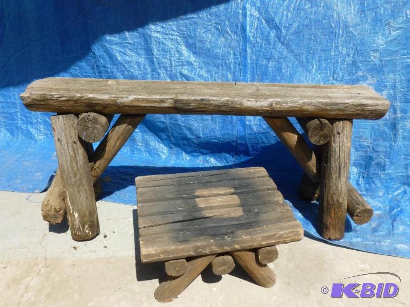 lot 46 image: Rustic log bench and wooden foot stool, measu...