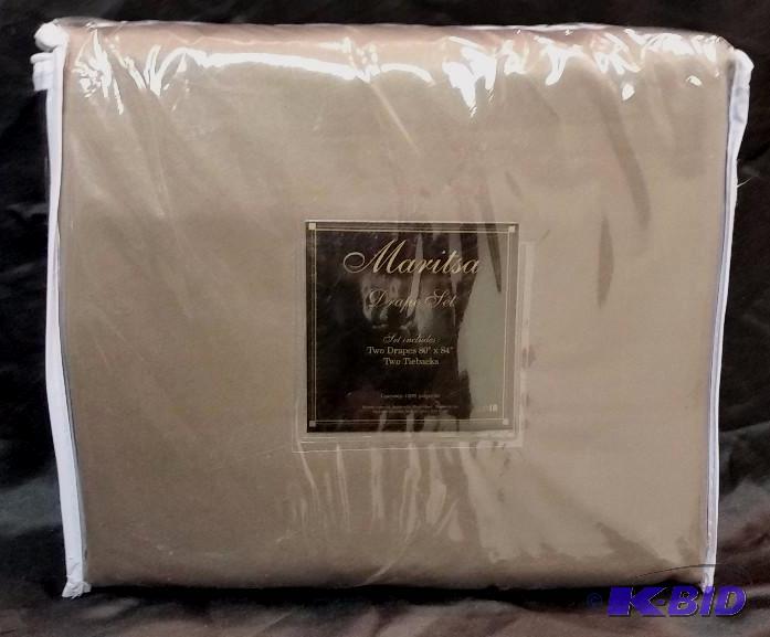 lot 28 image: Marista Drape Set 2 Panels 80 x 84 2 Tiebacks. New in Package Coffee Color wlight olive Tiebacks
