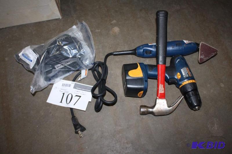 lot 107 image: Lot of (4) Power Tools Including Ryobi Cordless Drill HP412 Corded Sander Ryobi Charger Hammer.