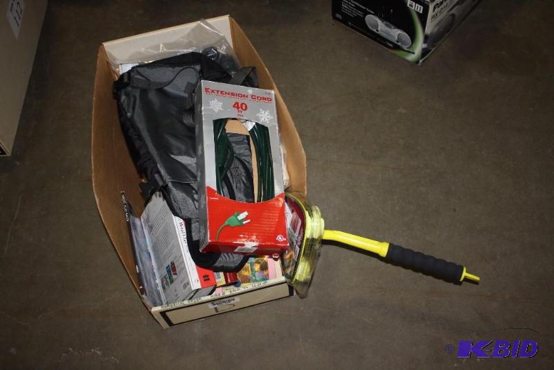 lot 111 image: Box Lot Including Sylvania Portable DVD Player Binoculars Television Remote Controls And More.