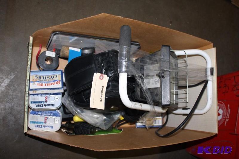 lot 112 image: Box Lot Including Classic Ipod Cabellas MR200 Fishing Reel Canon Video Camera Finepix Camera