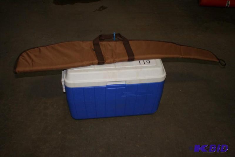 lot 119 image: Lot of (2) Including Coleman Cooler, BlueWhite Rifle Case, Brown, Soft.
