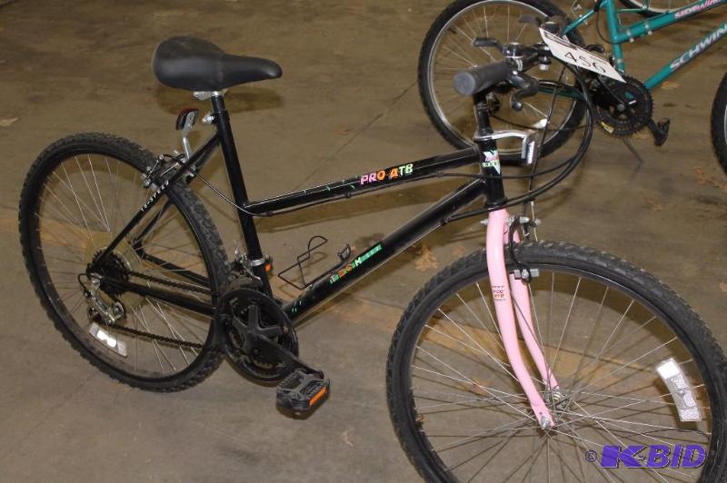 lot 456 image: Tech 1800 22 Rim Adult Female Bike Black wPink Front Bar 18 Speed Black Kickstand Black Bars.