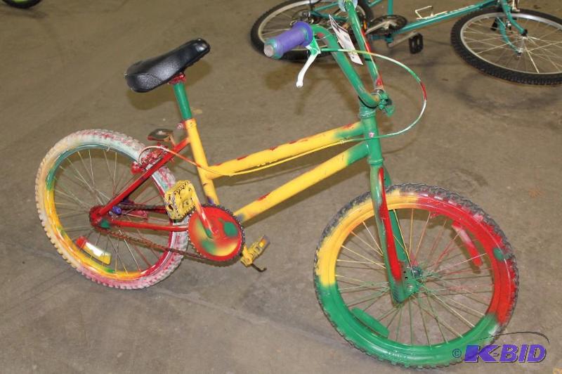 lot 475 image: Childs Bicycle Custom Painted RedYellowGreen 6 Tires Purple Handles SN98TD49651 Kickstand.