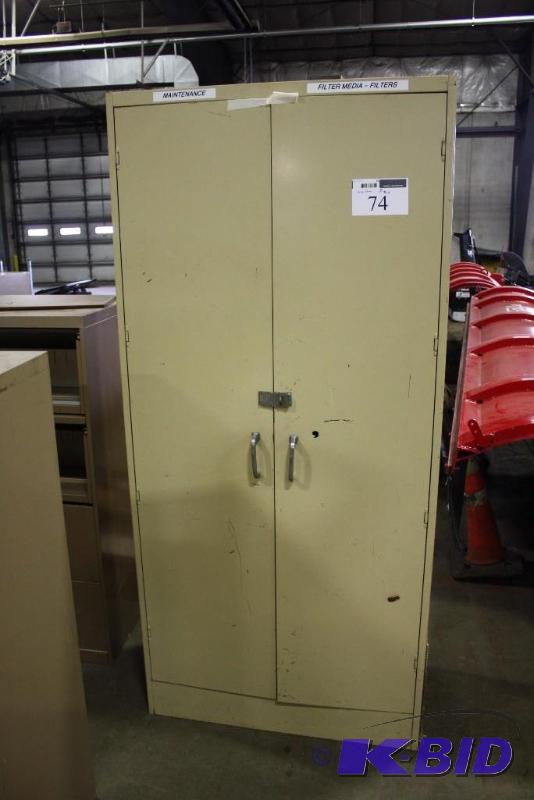 lot 74 image: Storage Cabinet wHandles & Doors Metal Beige 36 x 18 x 78.