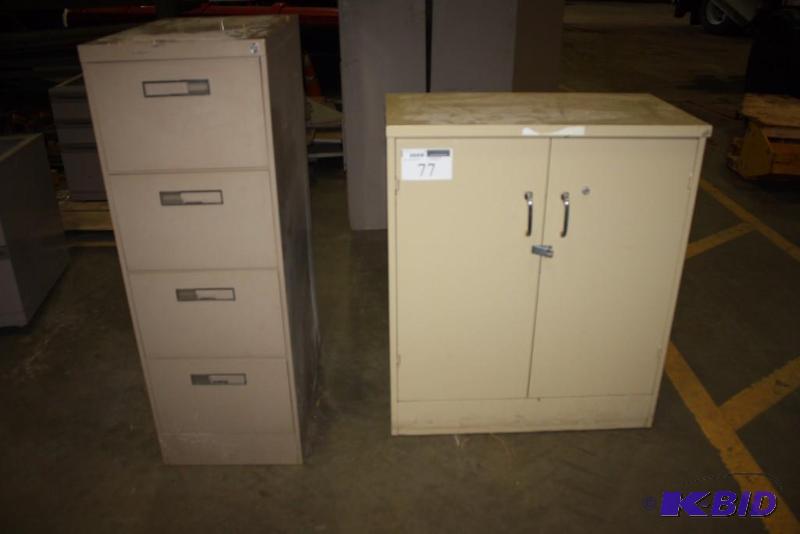 lot 77 image: Lot of (2) Including 4-Drawer Filing Cabinet, 36 x 19 x 42 Storage Cabinet wDoors 29 x 18 x.