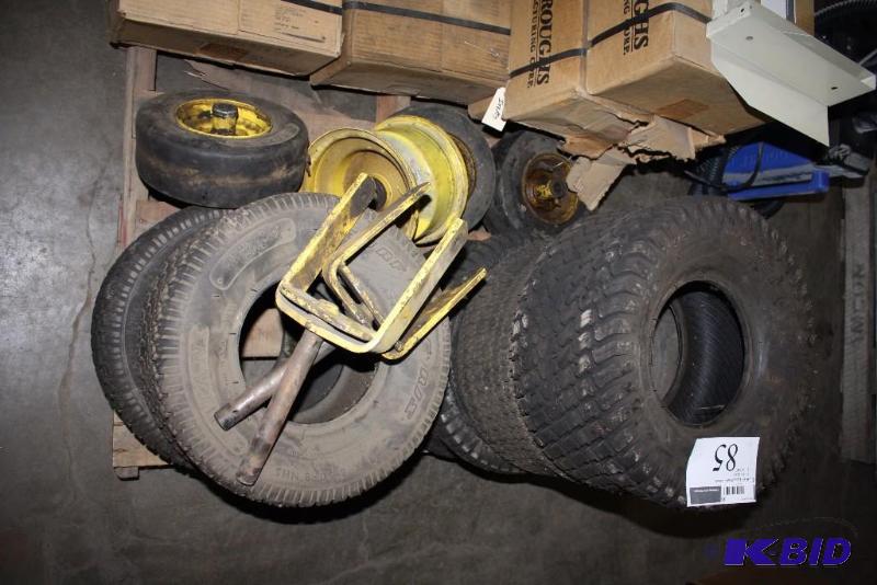 lot 85 image: Lot of (8) Riding Lawn Mower Wheels 18 x 9.5 x 8 (5) 11 x 4 x 5 (3) Includes Metal Rims.